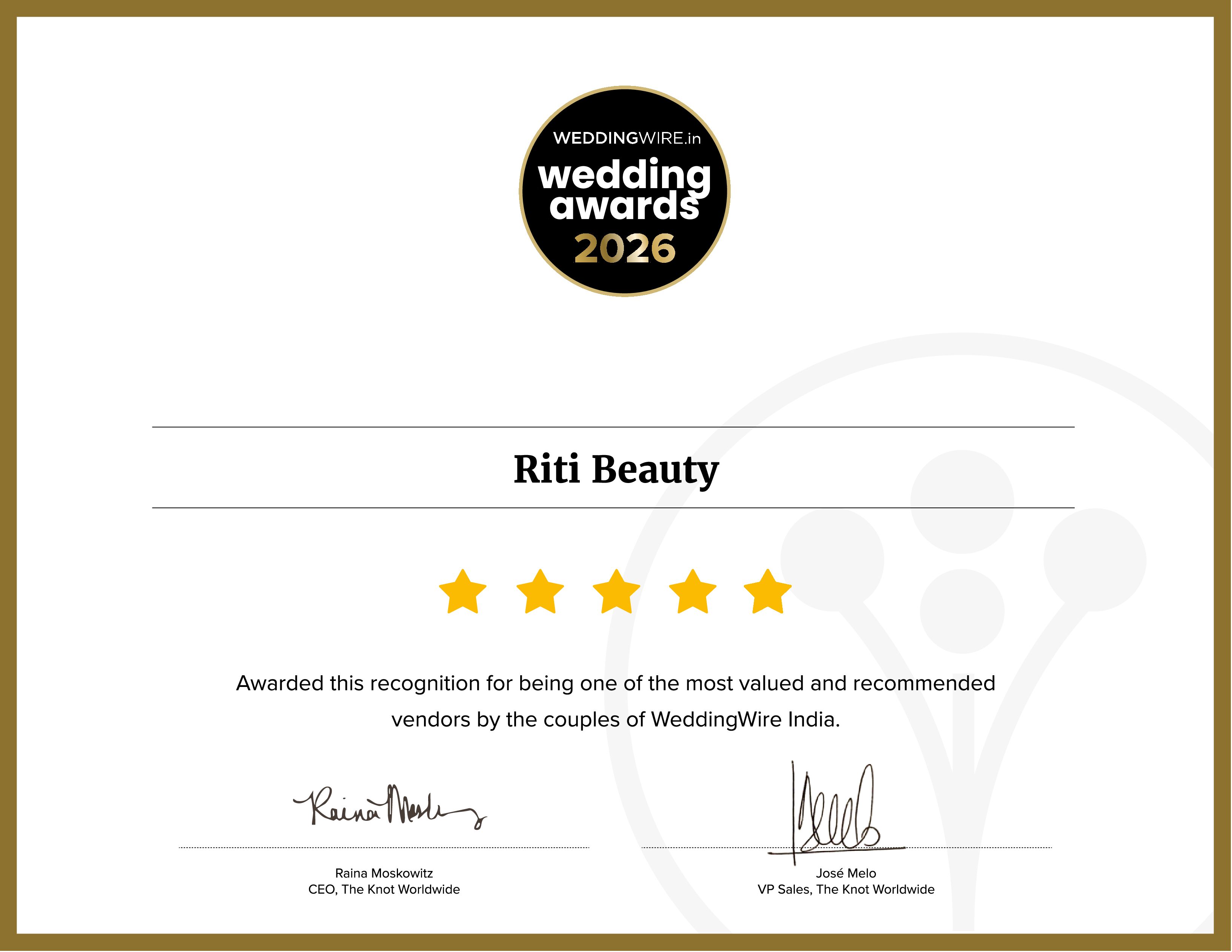 Riti Beauty, WeddingWire India Wedding Awards 2026 Winner