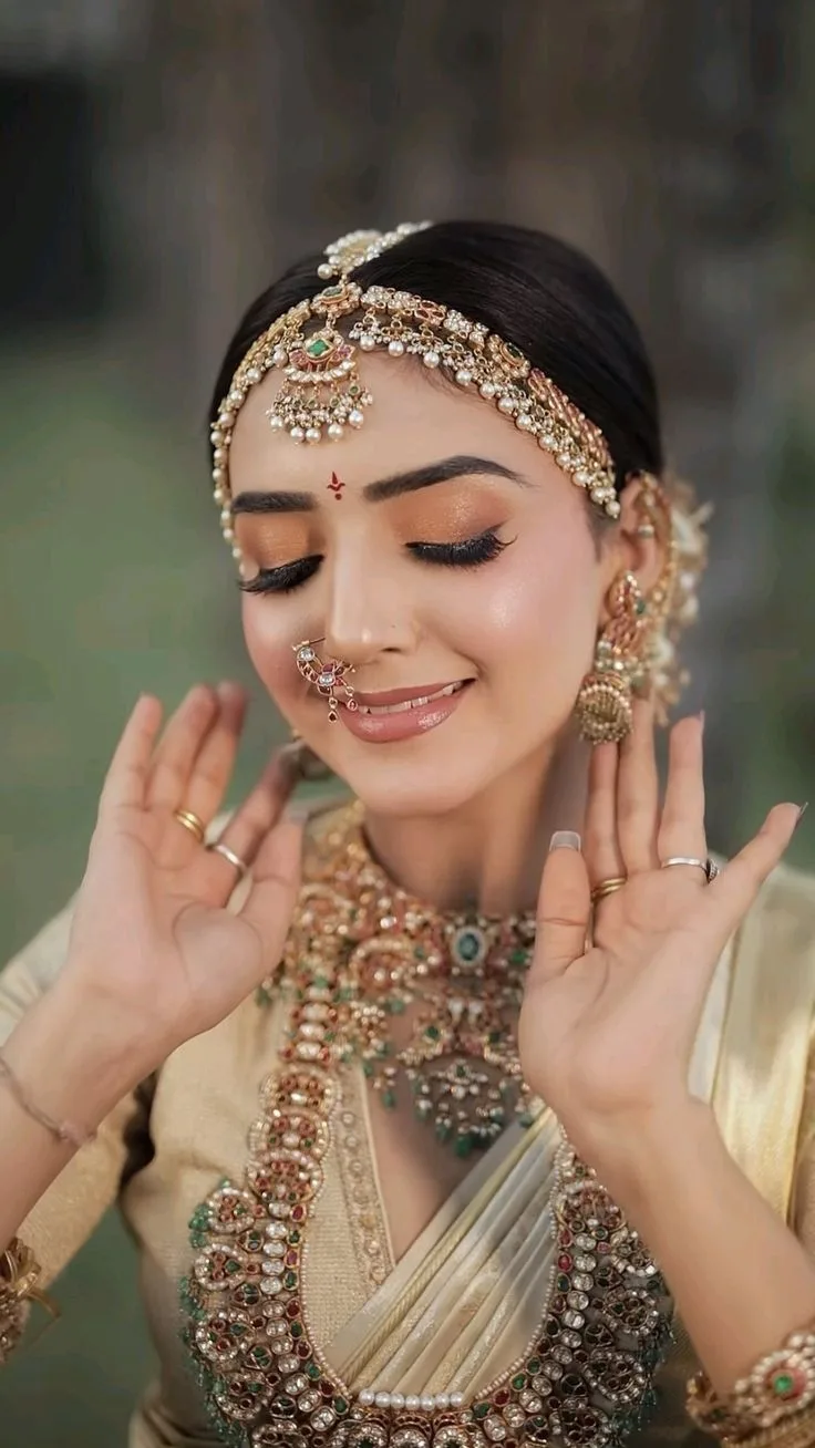 South Indian bridal makeup and Muhurtham styling in Mumbai by Riti Beauty with traditional bridal hairstyle, saree draping and jewellery setting